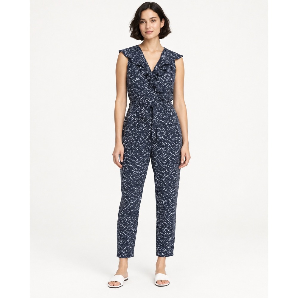 Banana Republic Women Jumpsuit 12 Navy Blue Polka Dot Ruffle Sleeveless Belted
